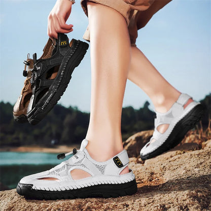 Men's Handmade Simple Letter-Print Sandals, Summer Beach Hollow Sandals, Fashionable Velcro Men's Shoes, Outdoor Hiking and River-Tracing Shoes, Comfortable, Breathable, Wear-Resistant, Non-Slip, Large Size Men's Shoes