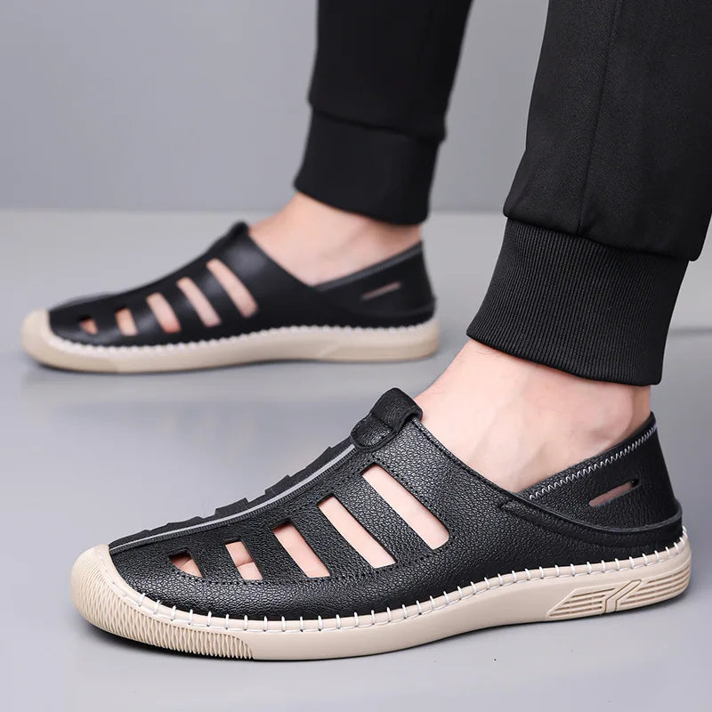Outdoor Men Summer Sandals Breathable Hollow Leisure Anti Slip Leather Beach Shoes Fashionable Man Comfortable Hole Shoes
