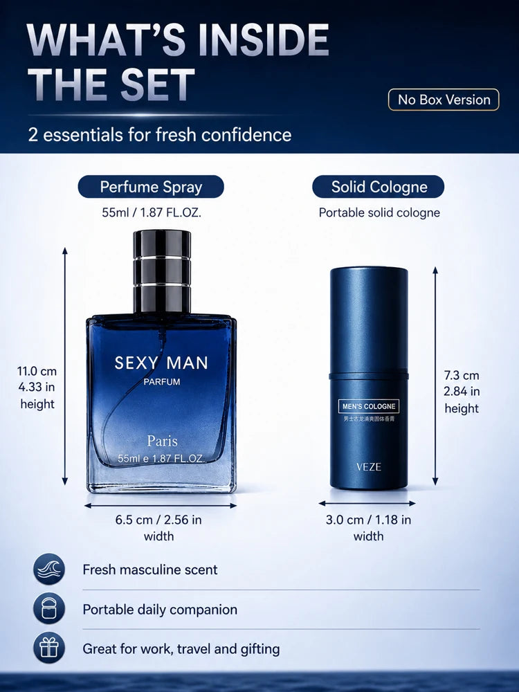2PCS Men's Cologne Set No Box Long Lasting Fresh Marine Perfume Spray + Solid Cologne Portable Travel Gift for Men