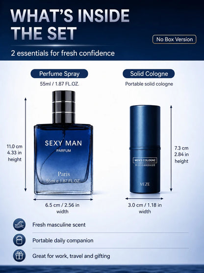 2PCS Men's Cologne Set No Box Long Lasting Fresh Marine Perfume Spray + Solid Cologne Portable Travel Gift for Men