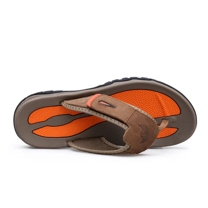 Men Sport Thong Slippers Genuine Leather Upper Adjustable Hook Loop Shock Absorb Anti Slip MD Sole Daily Beach Casual Flip Flops