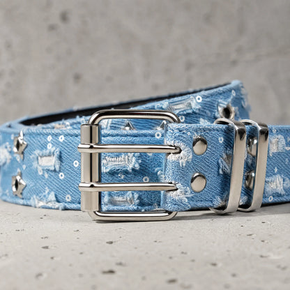 1Pc Fashion Luxury Belt Black Punk Accessories Blue Denim Girdle HipHop Y2k Star Hollowed Pin Buckle Waistband，For Men Women