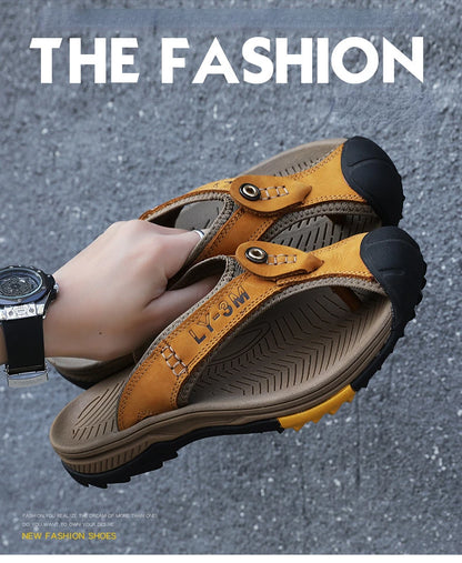 Genuine Cow Leather Shoes Men Sandals Flip Flops Men's Casual Shoes Classic Massage Men Beach Slippers Anti-slip Summer 2025 New