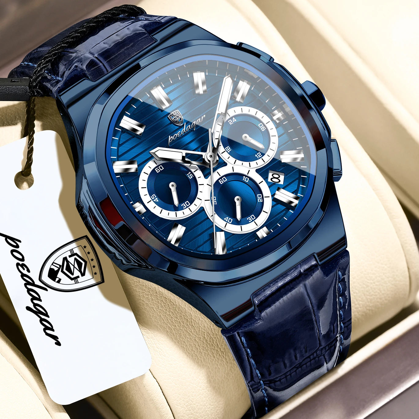 POEDAGAR Top Business Man Wristwatch Date Chronograph Waterproof Luminous Luxury Men Watch Leather Quartz Men's Watches Male+Box