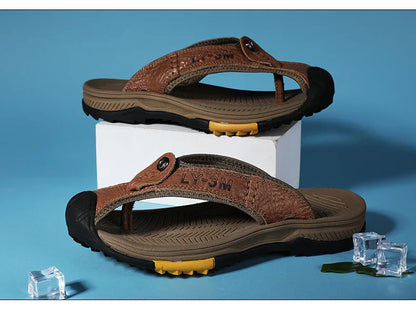 Genuine Cow Leather Shoes Men Sandals Flip Flops Men's Casual Shoes Classic Massage Men Beach Slippers Anti-slip Summer 2025 New