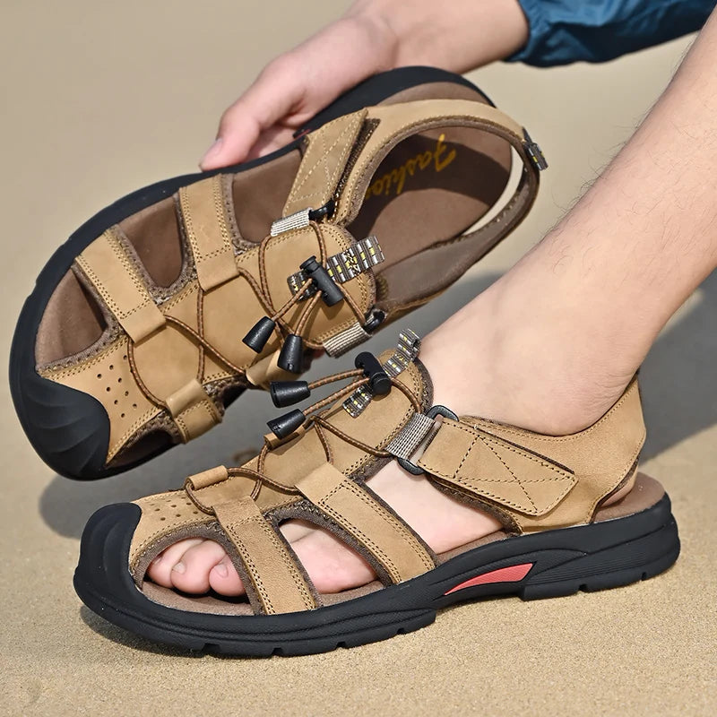 Genuine Leather Mens Water Beach Sandals Summer Closed Toe Sandals Non-slip Hiking Wading Sneakers Quick Dry Wading Aqua Shoes