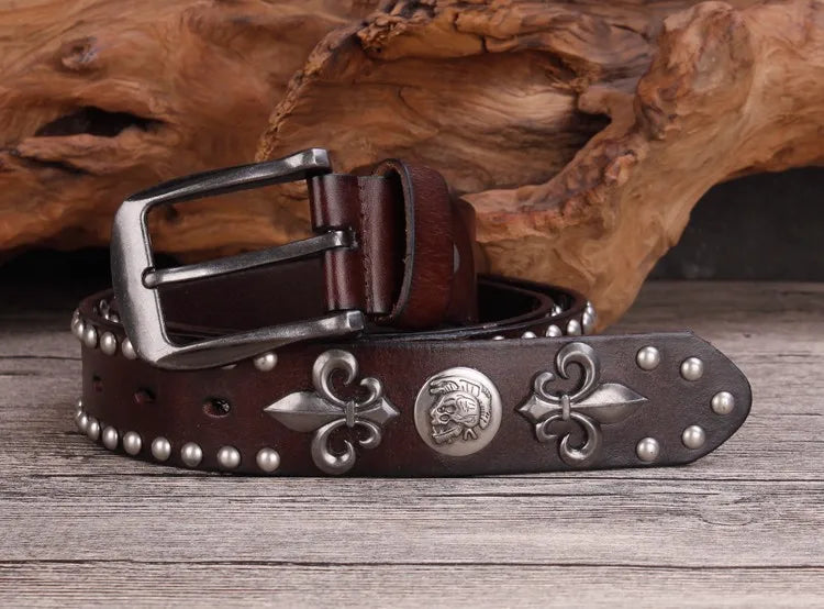High Quality Metal Rivet Cowboy Belt Top Grain Genuine Leather Cowskin Men Belt Punk Rivet Jeans Belts For Men