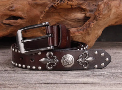 High Quality Metal Rivet Cowboy Belt Top Grain Genuine Leather Cowskin Men Belt Punk Rivet Jeans Belts For Men