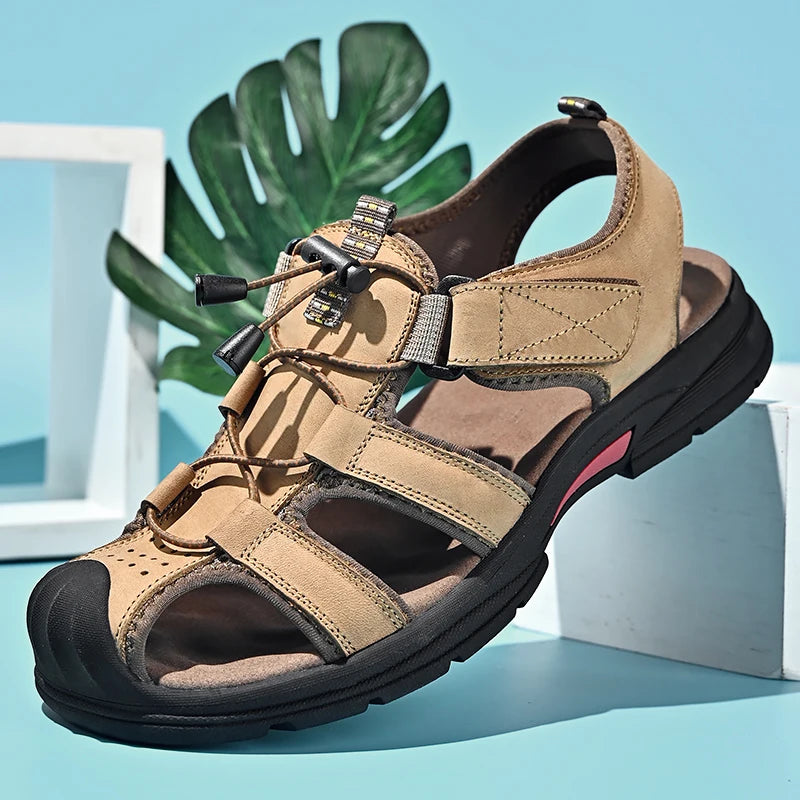 Genuine Leather Mens Water Beach Sandals Summer Closed Toe Sandals Non-slip Hiking Wading Sneakers Quick Dry Wading Aqua Shoes