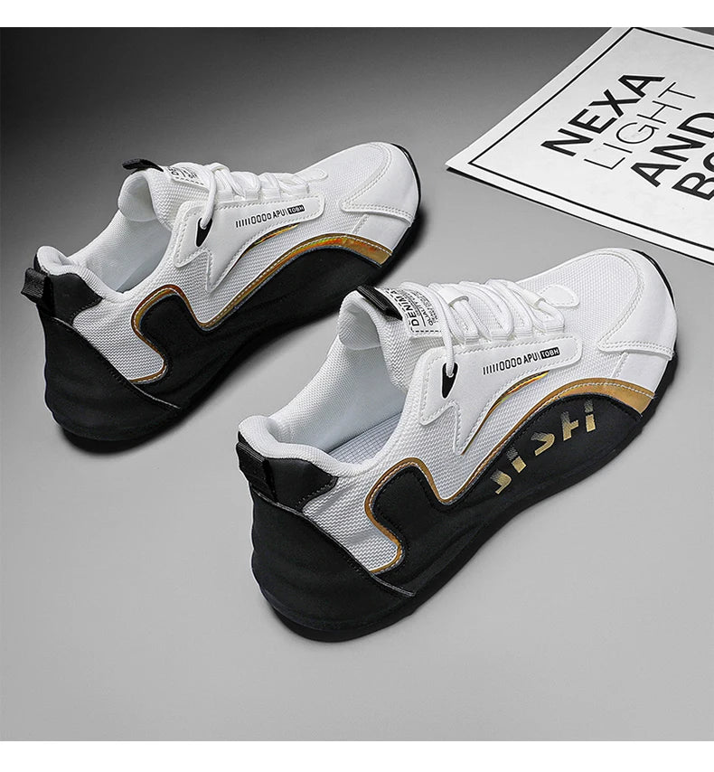 Trendy Black and Gold Color-Blocking Mesh Casual Shoes, Men's Breathable Shock-Absorbing Thick-Soled Sneakers, Versatile Soft-Soled Non-Slip Men's Shoes for Daily Commuting