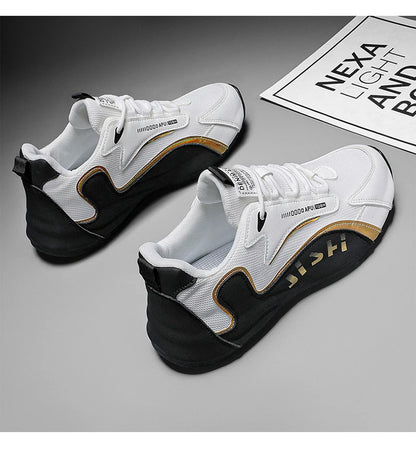 Trendy Black and Gold Color-Blocking Mesh Casual Shoes, Men's Breathable Shock-Absorbing Thick-Soled Sneakers, Versatile Soft-Soled Non-Slip Men's Shoes for Daily Commuting