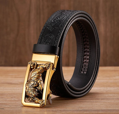 3.5cm Fashion Embossing Retro Male Belts for Men Business Split Leather Belt Dragon Pattern Automatic Buckle Strap