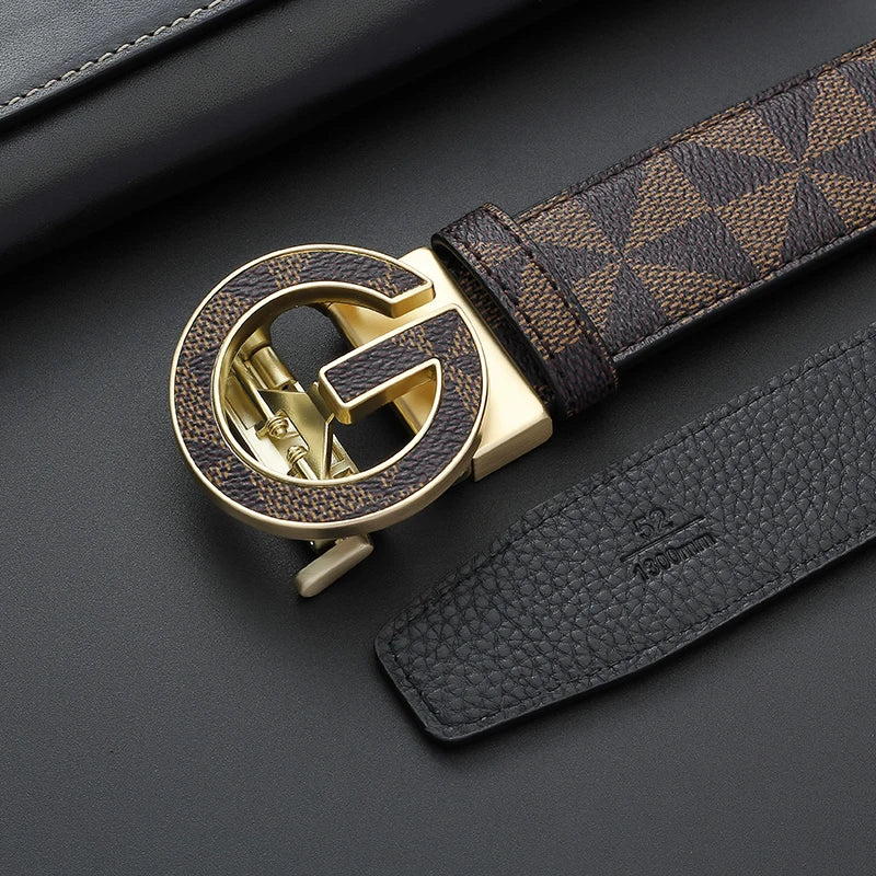 Men's Luxury Automatic Buckle Belt Classic Triangle Pattern PU Leather Business Casual Waistband for Jeans