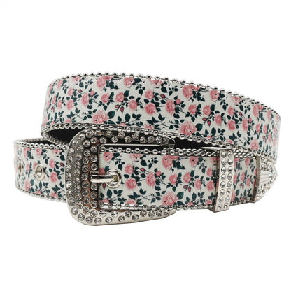 Rhinestone belt B&B style blue print pattern Women's Jeans Rhinestone Belt Men's Belt Western Denim Leather HipHop Rock