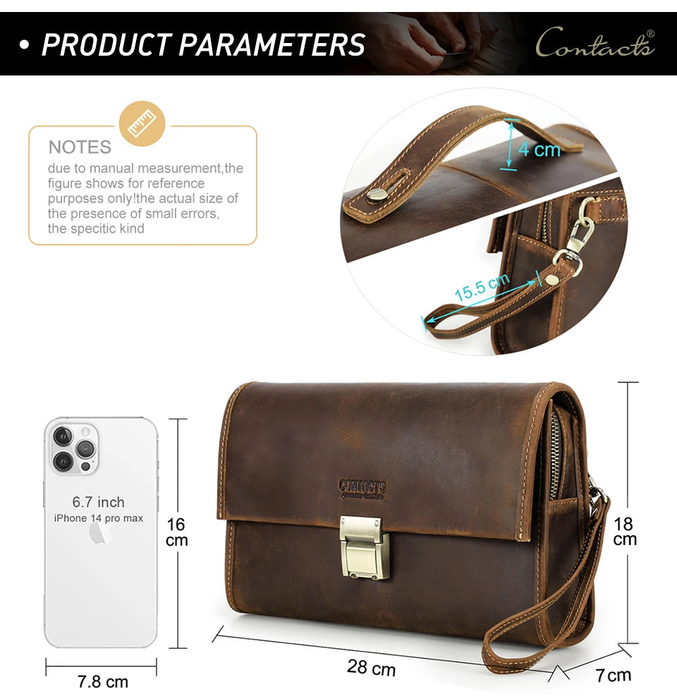 CONTACT'S Genuine Leather Clutch Bags Men Password Retro Wrist Strap Handbag iPad Travel Business Fitness Clutch Wallet