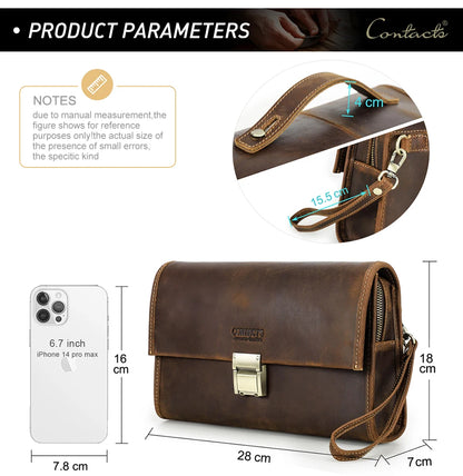 CONTACT'S Genuine Leather Clutch Bags Men Password Retro Wrist Strap Handbag iPad Travel Business Fitness Clutch Wallet