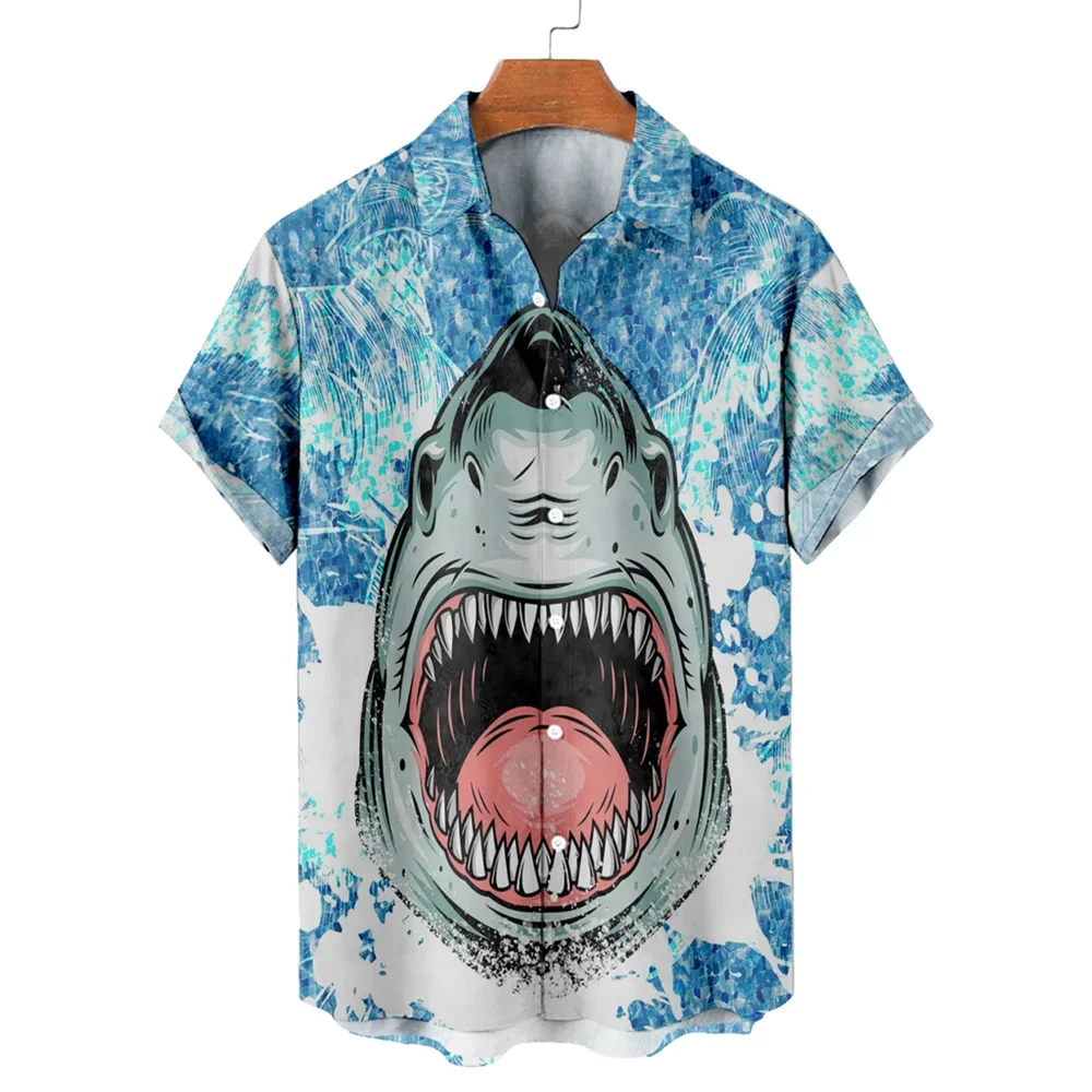 New Men Hawaiian Shark Blouse Tshirt 3D Animal Print Clothes Fashion Button Men's Shirts Short Sleeve Lapel Streetwear Shirt Top