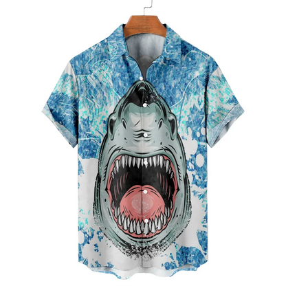New Men Hawaiian Shark Blouse Tshirt 3D Animal Print Clothes Fashion Button Men's Shirts Short Sleeve Lapel Streetwear Shirt Top