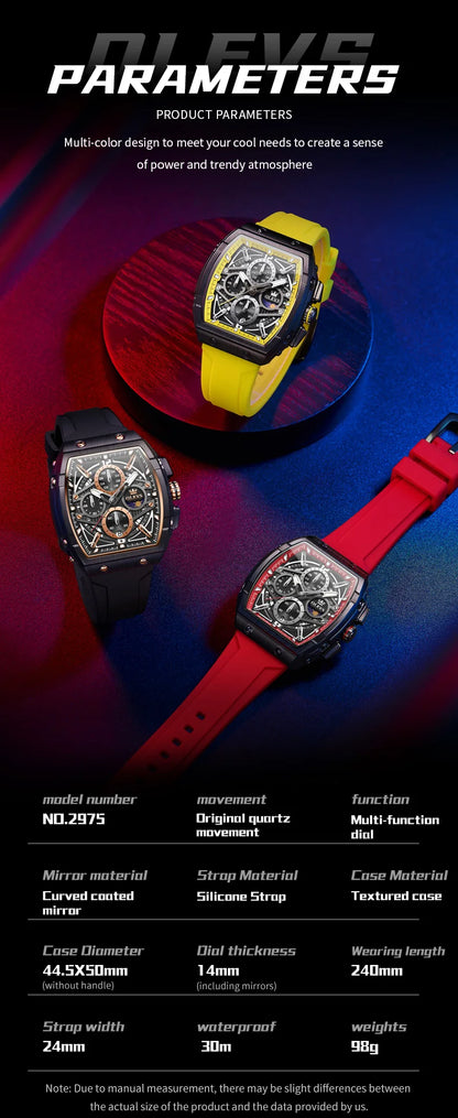 OLEVS 2975 Men's Watches Hollowed Quartz Wristwatch Silicone Strap Tonneau Large Dial Design Waterproof Luminous Watch for Men