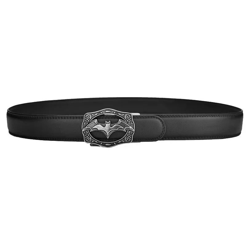 Men's Vintage Bat Pattern Genuine Leather Belt, Silver Gold Automatic Buckle, Plus Size 130 140 150 160 170cm Casual Waistband