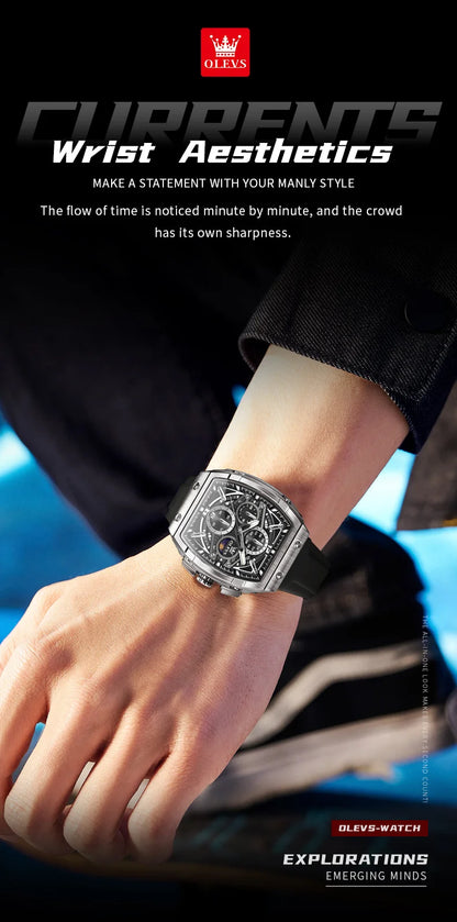 OLEVS 2975 Men's Watches Hollowed Quartz Wristwatch Silicone Strap Tonneau Large Dial Design Waterproof Luminous Watch for Men