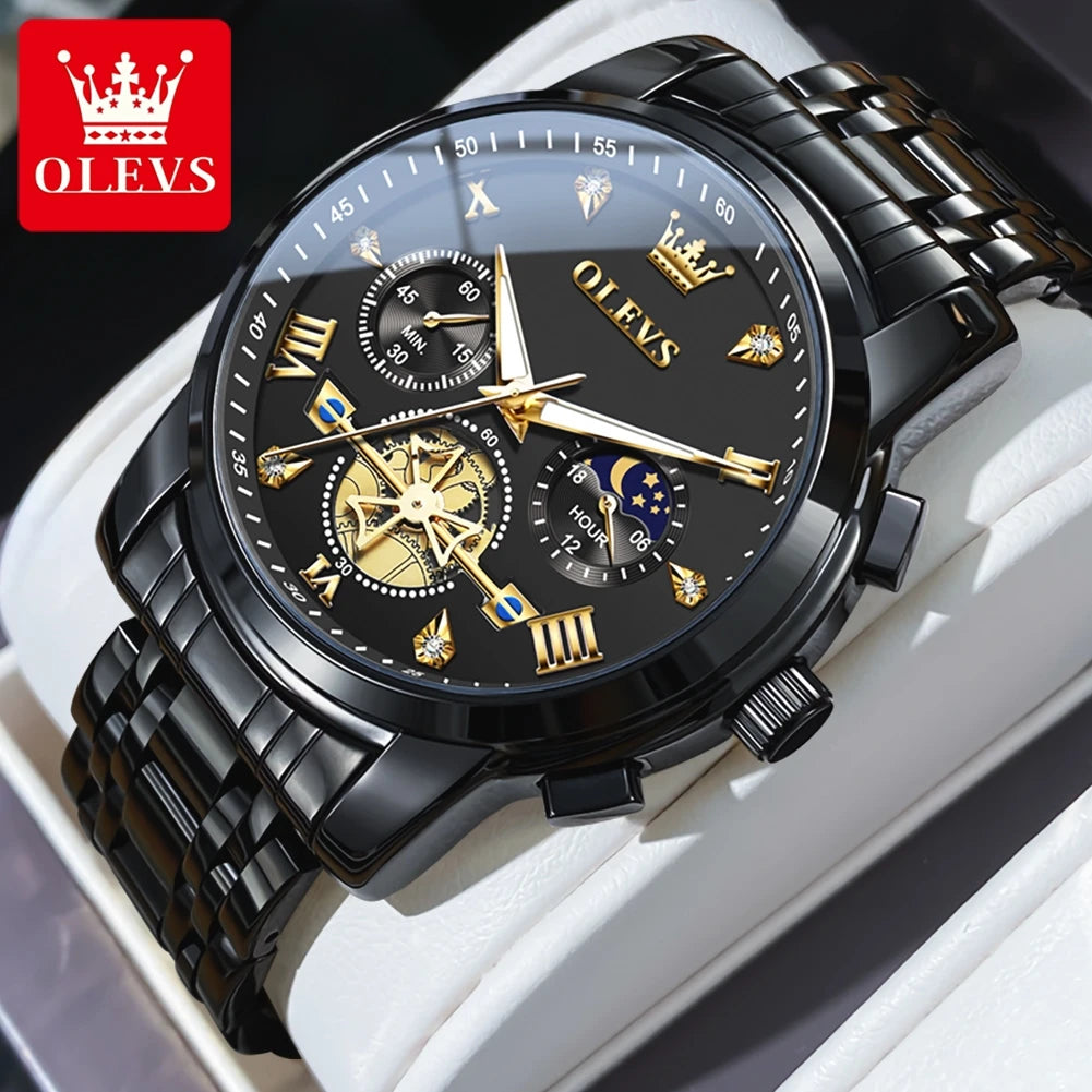 OLEVS Men's Watches Classic Multifunctional Flywheel Chronograph Original Quartz Wristwatch Moon Phase 24 Hour Waterproof Reloj