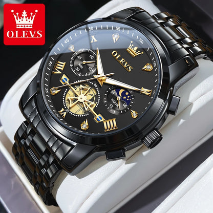 OLEVS Men's Watches Classic Multifunctional Flywheel Chronograph Original Quartz Wristwatch Moon Phase 24 Hour Waterproof Reloj