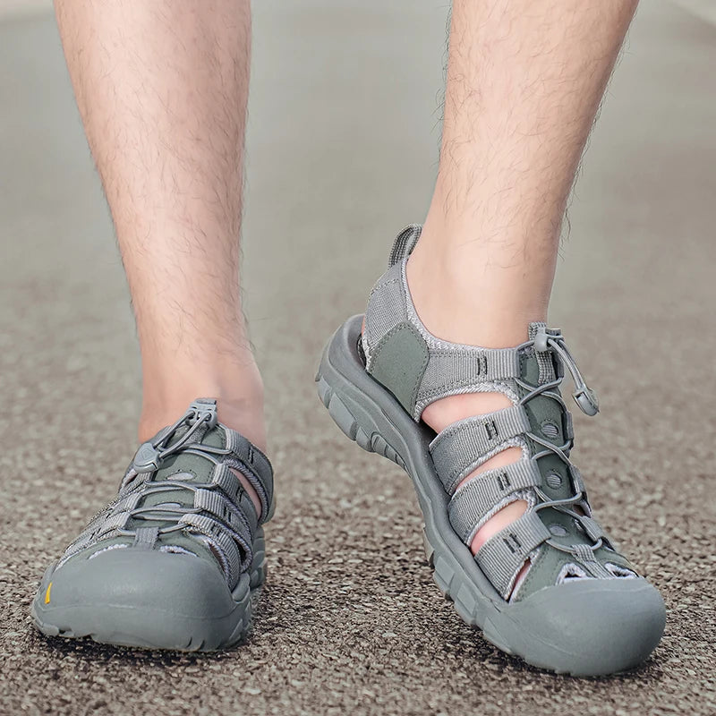 Outdoor Summer Men Sandals Leather Mens Casual Shoes Non-Slip Male Beach Shoes Anti-collision Toe Roman Flats Flip-flops 38-48