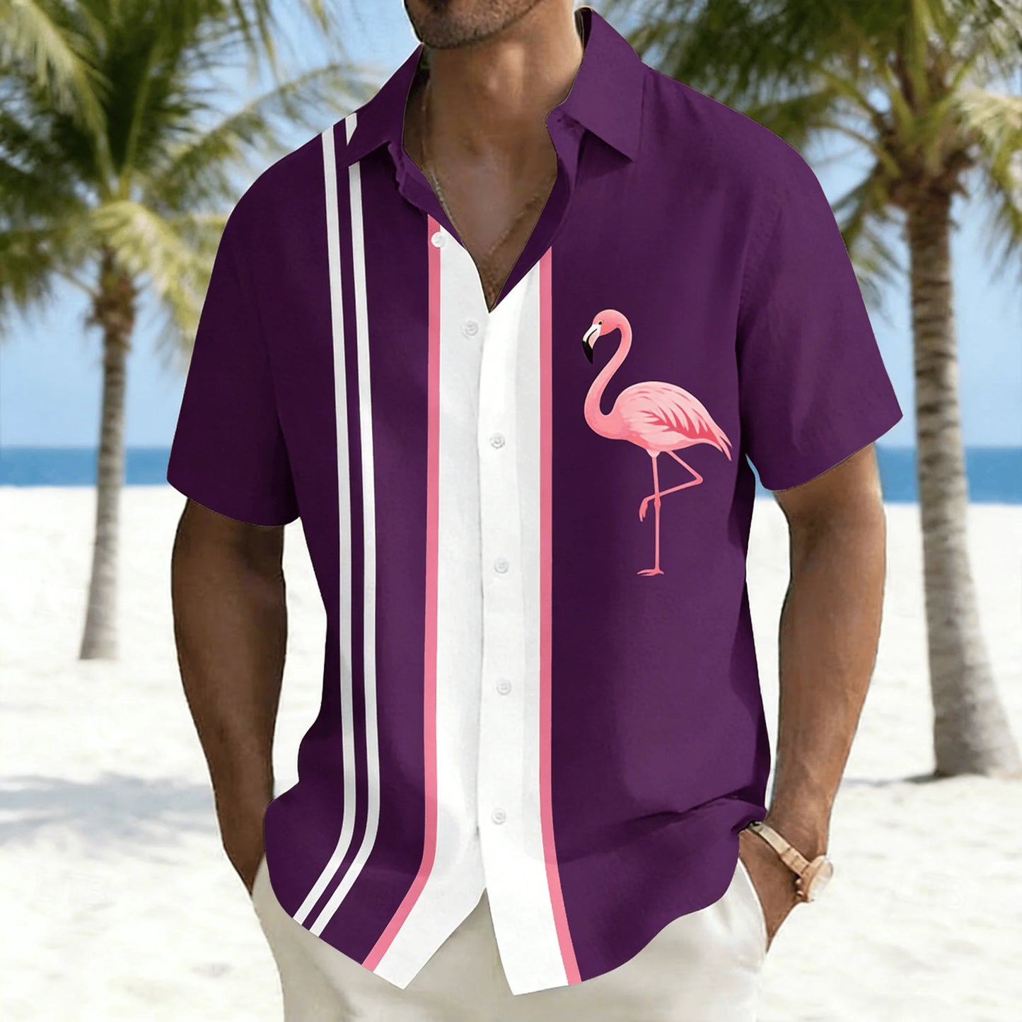 Men's Colorful Parrot Printed Short Sleeve Shirt, Striped and Tropical Macaw Pattern Loose Breathable Shirt