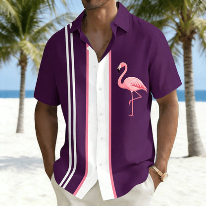 Men's Colorful Parrot Printed Short Sleeve Shirt, Striped and Tropical Macaw Pattern Loose Breathable Shirt