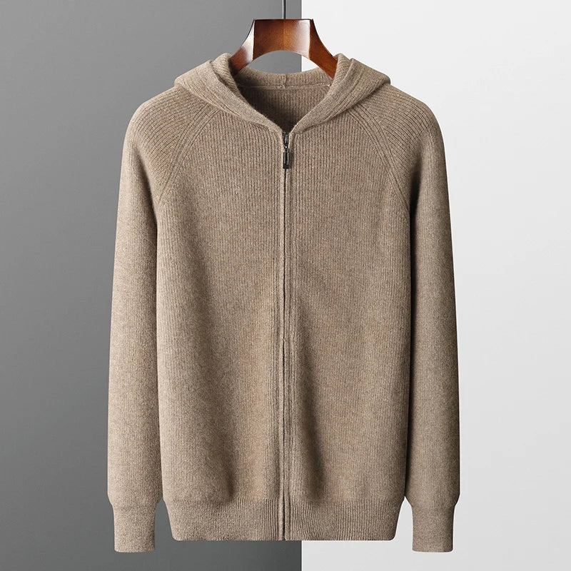 Men 100% Merino Wool Sweater Hooded Zipper Cardigan Autumn Winter Thickened Knit Large-size Jacket Long Sleeved Sportswear Coat