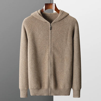 Men 100% Merino Wool Sweater Hooded Zipper Cardigan Autumn Winter Thickened Knit Large-size Jacket Long Sleeved Sportswear Coat