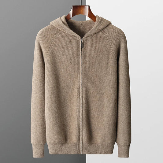 Men 100% Merino Wool Sweater Hooded Zipper Cardigan Autumn Winter Thickened Knit Large-size Jacket Long Sleeved Sportswear Coat