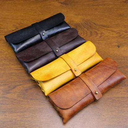 Genuine Leather Men Pencil Bag Handmade Wallet Large Capacity Retro Glasses Storage Bag Stationery Pencil Case Unisex Purses