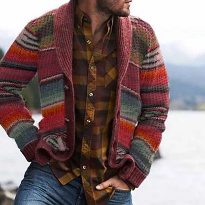 Mens 2026 Fall Winter Color Block Cardigan Collared Knit Sweater Jacket Casual Outerwear