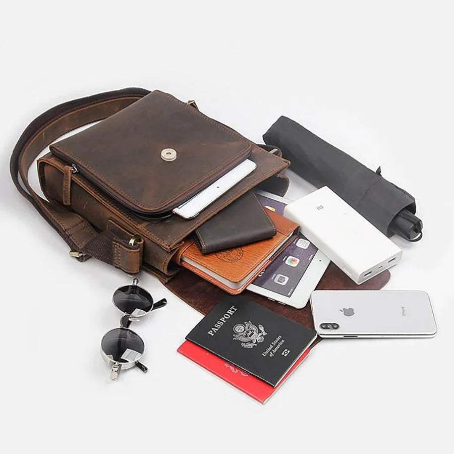NASVA Men's Genuine Leather Shoulder Bag Vintage Small Crossbody Bag Casual Messenger Bag Outdoor Sports Sling Bag
