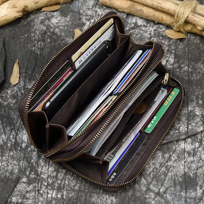 Luufan Vintage Crazy Horse Leather Men Women Long Purse Wallet Credit Card Double Zip Wallets Long Wallet Male Clutch Purse