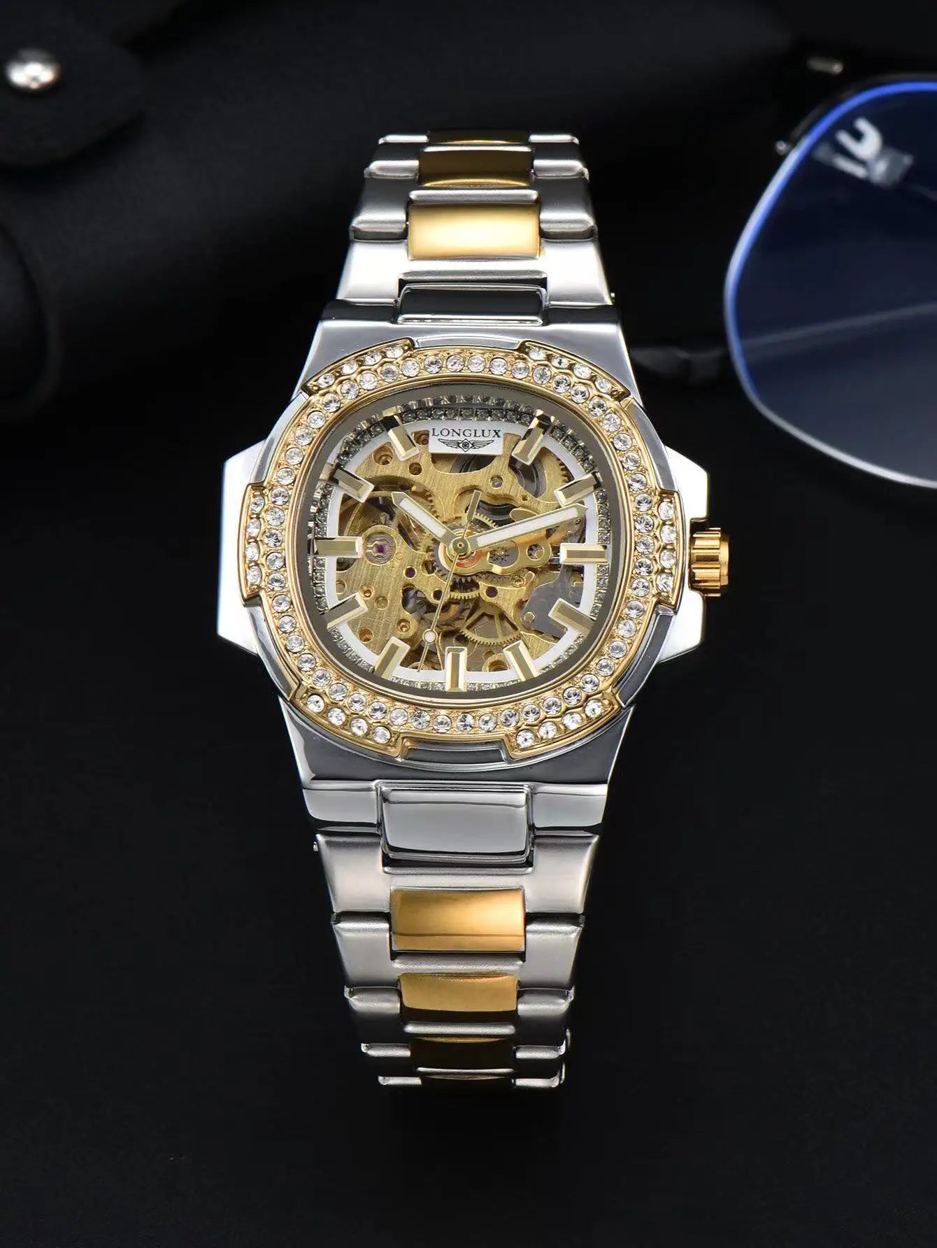 LONGLUX Automatic Man Watch Luxury Stainless Steel Wholesale Mechanical Wristwatches Skeleton Waterproof Diamond Watch Man Watch