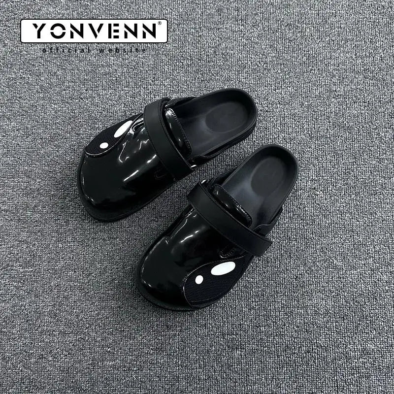 Genuine leather killer whale Boken slippers for men flat bottomed slip in outerwear Muller shoes for summer ventilationo