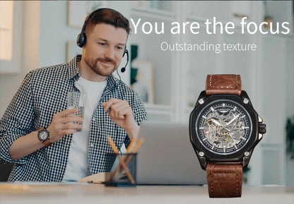 LONGLUX Automatic Watch Sport Style Wholesale Mechanical Wristwatches Fashion Hollow Leather Mens Watch Men Gift