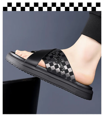 Summer New Fashion Outside Wear Slippers for Men Business Casual Black Leisure Genuine Leather Beach Shoes Slippers Man