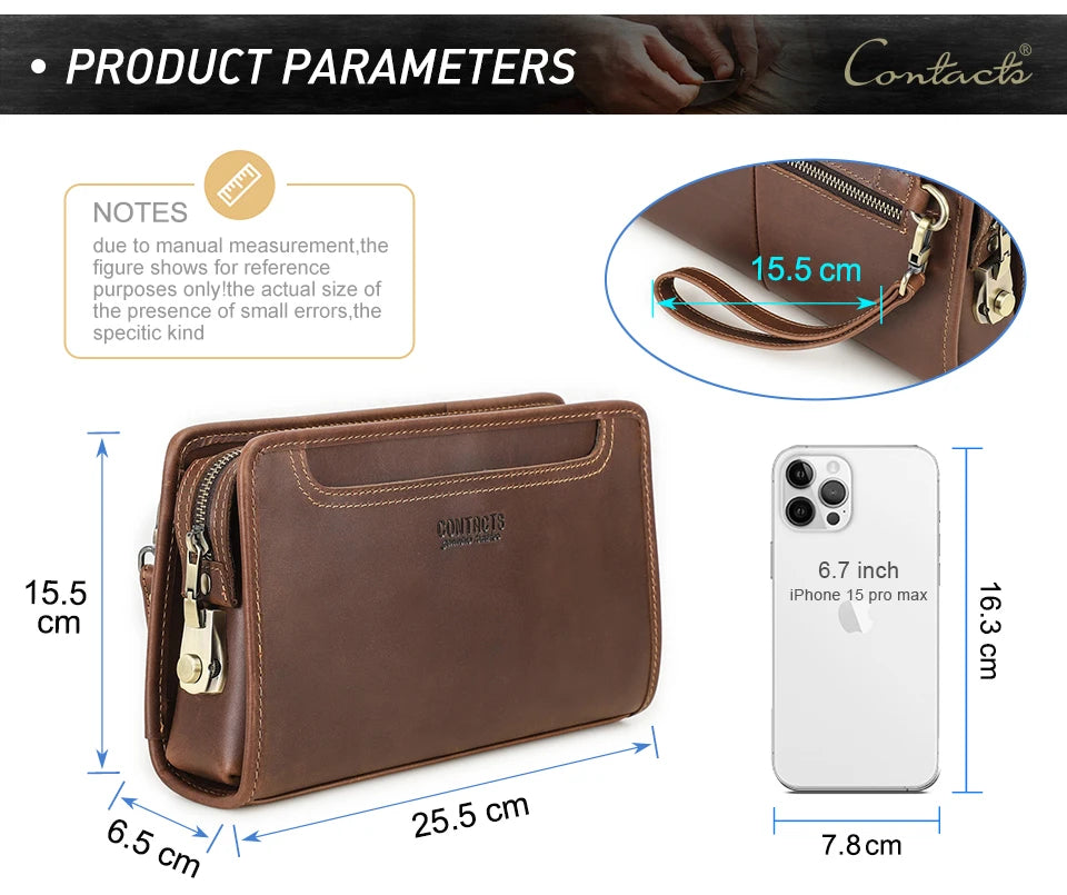 CONTACT'S Genuine Leather Handbag Men Vintage Small Cluth Bag 6 Card Holder iPad Mini Metal Lock Travel Business Pouch Bag