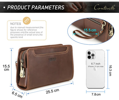 CONTACT'S Genuine Leather Handbag Men Vintage Small Cluth Bag 6 Card Holder iPad Mini Metal Lock Travel Business Pouch Bag