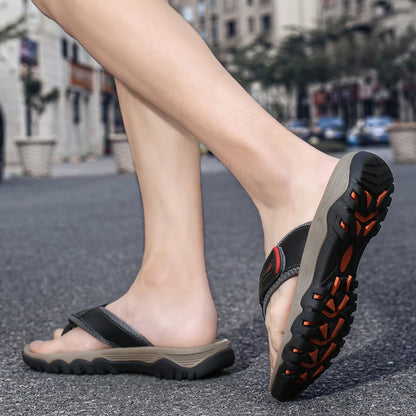 Men Sport Thong Slippers Genuine Leather Upper Adjustable Hook Loop Shock Absorb Anti Slip MD Sole Daily Beach Casual Flip Flops