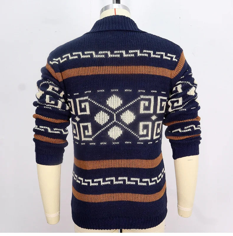 Men's Geometric Knit Cardigan Shawl Collar Full Zip-Up Tribal Print Sweater Chunky Ribbed Knit Vintage Navajo-Inspired Jacket