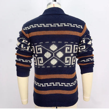 Men's Geometric Knit Cardigan Shawl Collar Full Zip-Up Tribal Print Sweater Chunky Ribbed Knit Vintage Navajo-Inspired Jacket