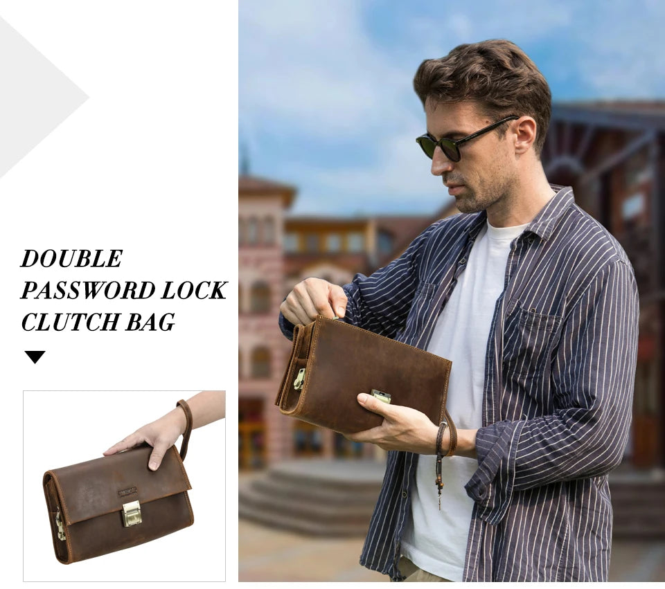 CONTACT'S Genuine Leather Clutch Bags Men Password Retro Wrist Strap Handbag iPad Travel Business Fitness Clutch Wallet
