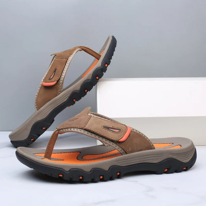 Men Sport Thong Slippers Genuine Leather Upper Adjustable Hook Loop Shock Absorb Anti Slip MD Sole Daily Beach Casual Flip Flops