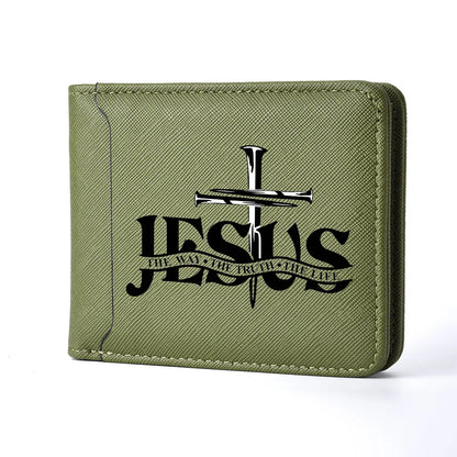 Men's Leather Simple Double-sided Wallet, Short Style, Casual Jesus Pattern, Thin Card Case, Men's Money Clip