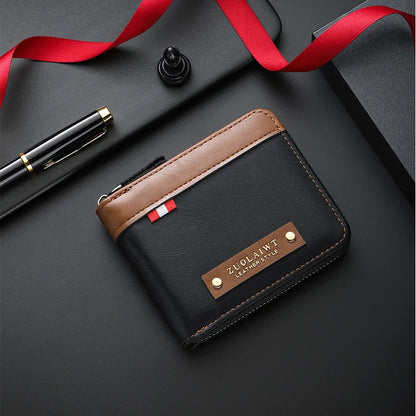 Men Retro Short Wallet Three Fold Splicing Color Design Multifunctional Business Wallet with Hidden Pocket for Daily Casual Use